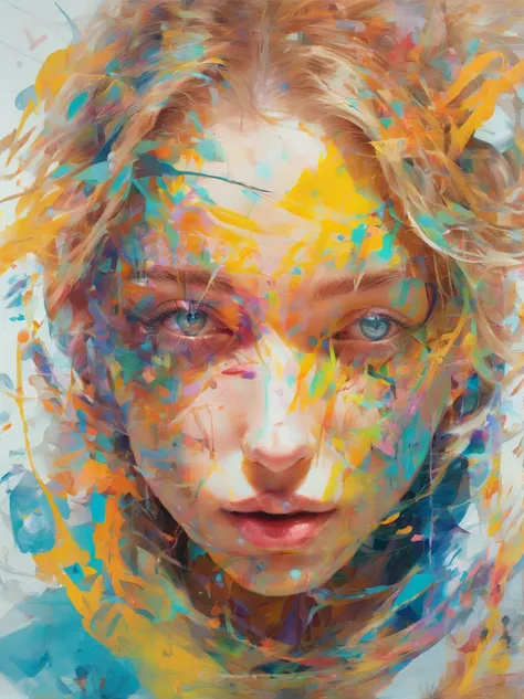 Perfect alignment, white coat, paint trails, Crystals, daisy flower, yellow, blue eyes, sadness, long blonde hair, still position, abstract beauty, beautiful young girl with thin face, Centered, looking at the viewer, facing the camera, sad, empty face, th...