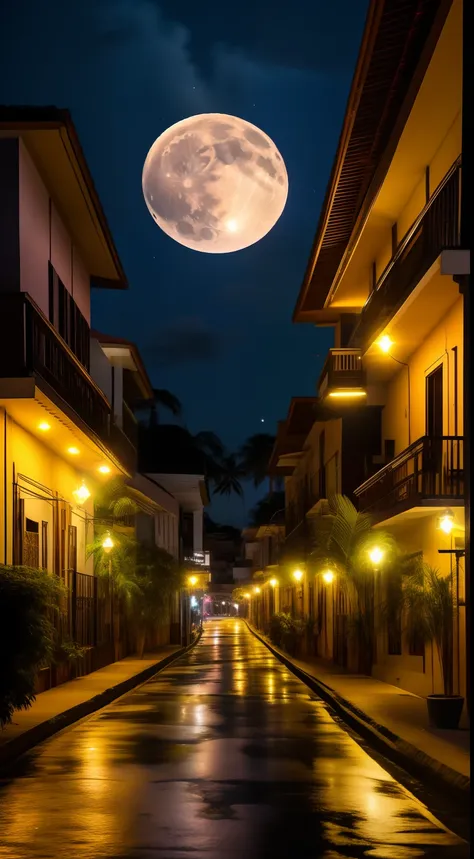 rua brasileira com referencia Manaus. noite, Starry sky with full moon, LED Street Lights, Light from the balconies of the buildings.