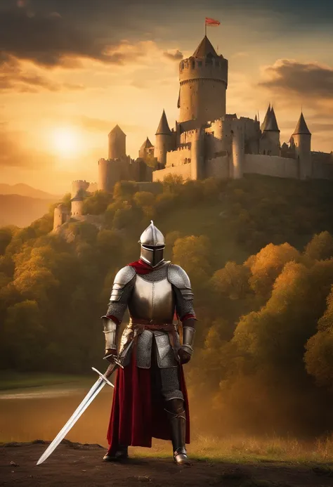 Create a high-resolution image of a medieval knight with imposing armor and a beautiful sword and a resplendent area around him, All this in front of a gigantic castle with a dragon flying in the sky,