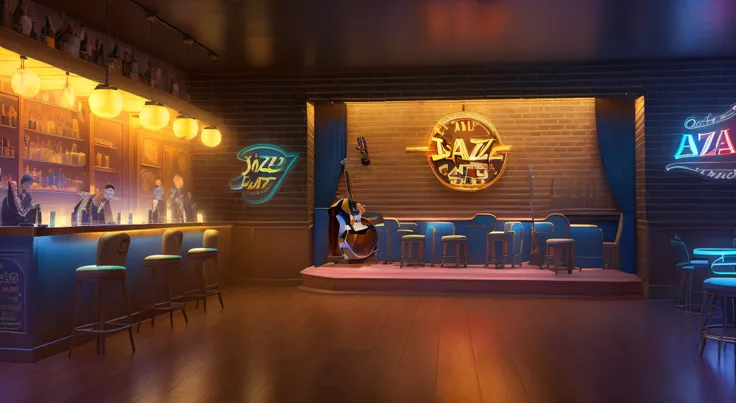 there is a bar with a stage and a bar stool, detailed an empty jazz cafe, speakeasy bar background, pixar zootopia. 3 d rendering, dimly lit dive bar, film noir jazz bar, bar background, 1 9 3 0 s jazz club, an illustration of a bar/lounge, background artw...