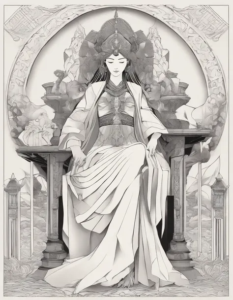 The High Priestess sits in front of a thin veil decorated with pomegranates. On either side of The High Priestess stand two pillars, marking the entrance to this sacred, mystical temple. One pillar is black with the letter B and the other is white with the...