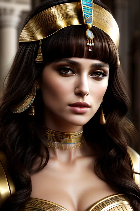 Egyptian Queen played by Most beautiful actress Keira Knightley, fair skin, posing as Queen, extremely gorgeous, Cinematic portrait, professional cinematography, a close up of a woman in a gold outfit with an egyptian mask, beautiful cleopatra, insane deta...