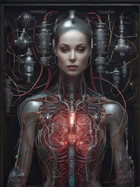 Draw a cyborg with real organs connected via cables to a nucleus