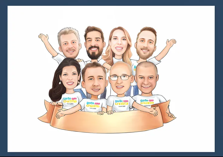 desenho animado de um grupo de pessoas com um banner e uma fita, caricature illustration, caricatural, Estilo de caricatura, caricatura!!!, charicatura, professional illustration, Equipe completa, sem gradientes, caricatura, in cartoon style, inspirado em ...