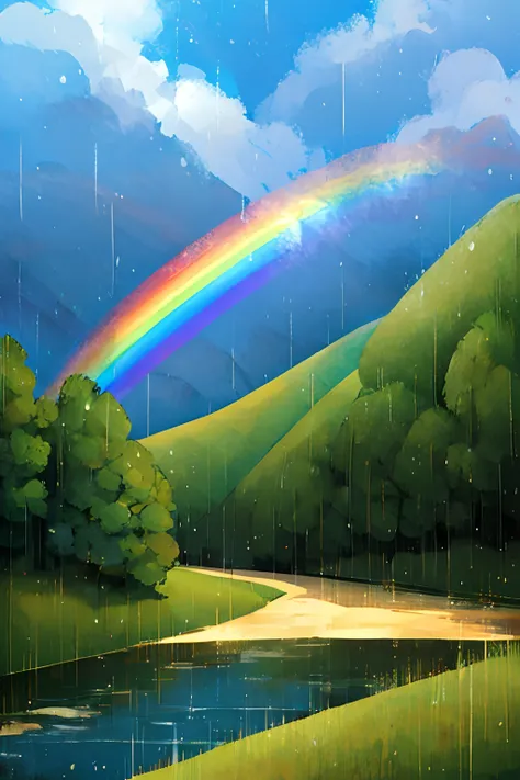 （Beautiful rainbows fly out of the hillside from the river），（rainbowing），(The stream on the hillside has a lot of water)，（Flooding），（There are dense forests in the mountains），（The weather is cloudy，It was raining heavily），（Close-up），（the detail）