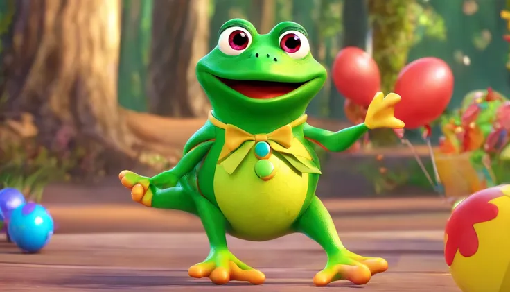 A Disney Pixar-style 3D cartoon character of a merry dancing frog, usando um paleto roxo, gravata e tenis, At a birthday party in the woods, com vagalumes, baloes de aniversario ao fundo e uma mesa com bolo, pipoca e refrigerante