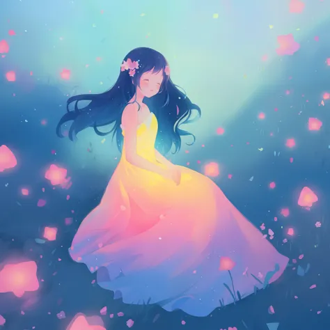 beautiful girl in gradient colorful dress, yellow pink purple fairy dress, beautiful girl sitting in a field with pink red flowers, puffy pink flowers, glowing lights, whimsical landscape, long dark blue flowing hair, watercolor illustration, inspired by G...