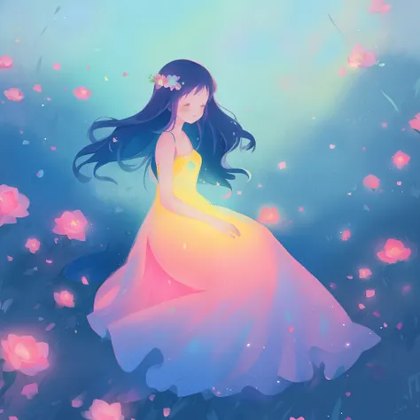 beautiful girl in gradient colorful dress, yellow pink purple fairy dress, beautiful girl sitting in a field with pink red flowers, puffy pink flowers, glowing lights, whimsical landscape, long dark blue flowing hair, watercolor illustration, inspired by G...