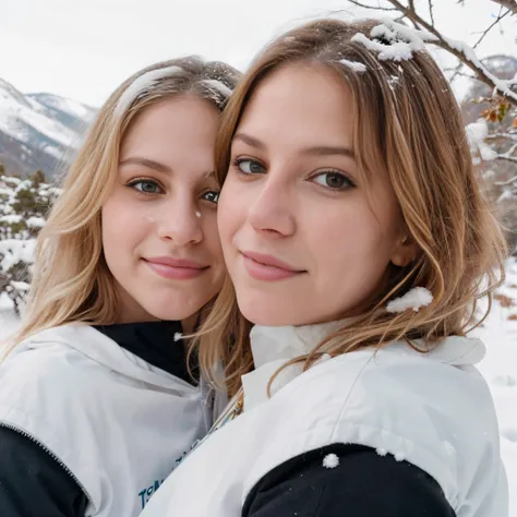 in the revised image, two young girls take a playful selfie against the backdrop of a snowy mountain. the background features a ...