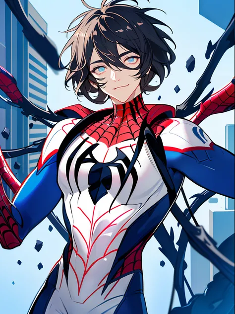 ((highest quality, masterpiece, 4k, finely detailed, detailed eyes, detailed face, dynamic lighting)), dynamic super hero pose, on rooftop ((solo)), 1 male, handsome, broad shoulders, smiling, looking at viewer ((lazy eyes, half-lidded, tired eyes, eyebags...