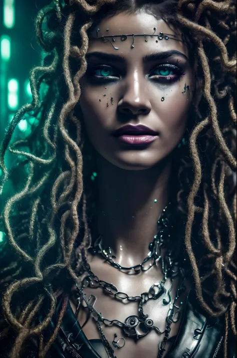 cyberpunk gorgon medusa,beautiful detailed eyes,beautiful detailed lips,extremely detailed eyes and face,longeyelashes,dystopian,futuristic,dark atmosphere,neon lights,chrome textures,cityscape,urban decay,technological enhancements,digital graffiti,intric...