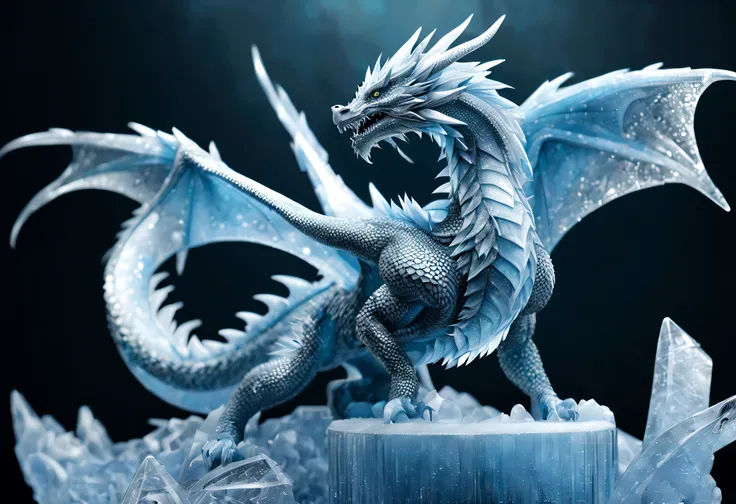 (highres:1.2),realistic,photorealistic:1.37,[ice sculpture],[detailed ice crystals],[sparkling surface],best quality,highres,ultra-detailed,ice sculpture,detailed dragon sculpture,detailed dragon head and wings,sharp icy textures,realistic dragon scales,sh...