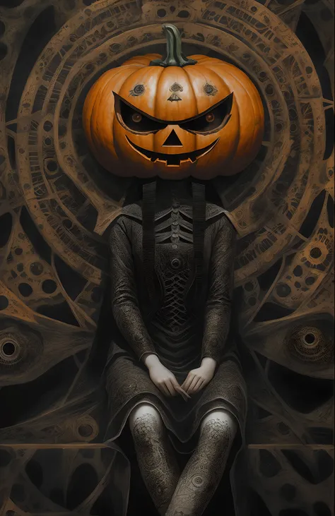 halloween，Pumpkin head，dreamlikeart the all seeing eye by H.R. Giger, Junji Ito, Greg Rutkowski, WLOP detailed paint of wednesday addams, highly detailed paiting by Ray Donley, 8k, royal paiting, dynamic lighting, colorfull lighting,, 8k, 4k, (highres:1.1)...