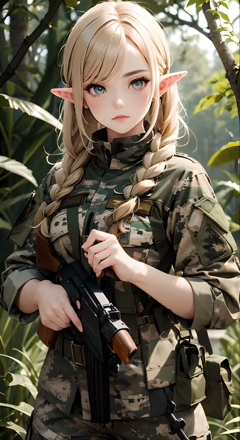 female elf soldier, wearing spotted forest camo camouflage military uniform, russian military uniform, detailed eyes, detailed h...