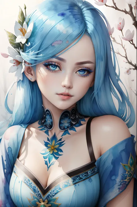 (best quality),(masterpiece:1.2), (colorful:0.9), (ink splashing),(color splashing),((watercolor)), clear sharp focus, model shot,, (portrait goddess of spring:1.5), cute expression,elegant blue colored hair, beautyfull detailed face and eyes, elegant godd...