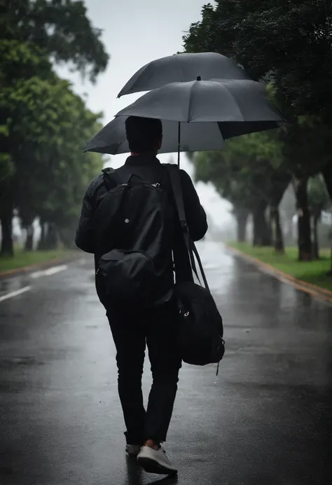 Menino, black jeans pants, blusa preta, tenis preto, com uma mochila pesada preta nas costas, um guarda chuva preto. Possui 1,69m de altura, cabelo curto, barba rala e oculos de grau. Esta pegando um onibus num dia nublado e de chuva, em Brasilia.