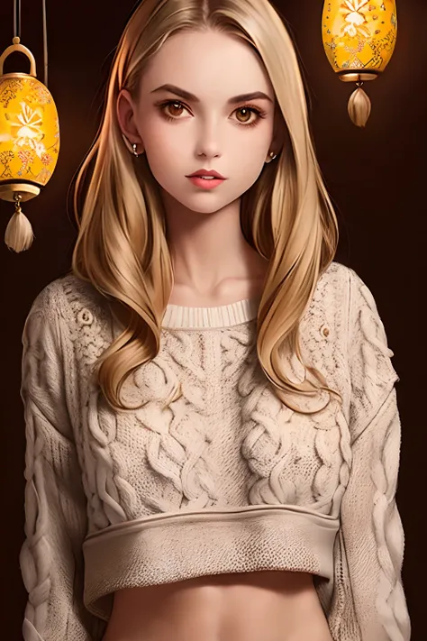 cropped sweater, midriff, sweater, 1girl, detailed face, hanging laterns, illustrated