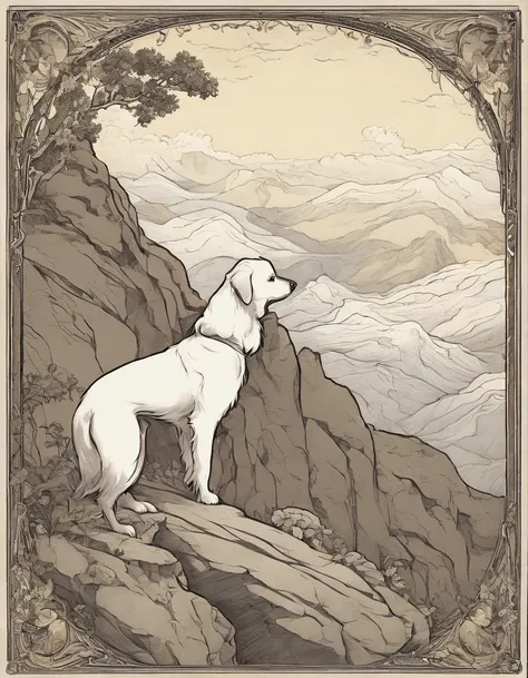 a young man stands on the edge of a cliff. Hes gazing upwards toward the sky, unaware hes about to skip off a precipice into the unknown. Over his shoulder rests a modest knapsack. A white rose in his left hand. At his feet is a small white dog. The mounta...