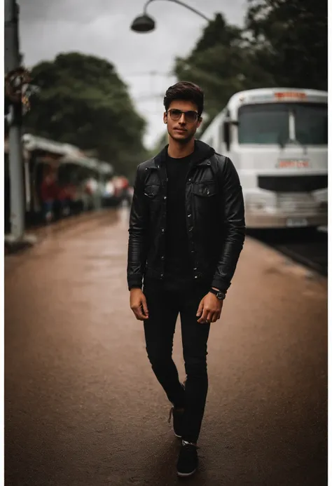 Retrato de um menino, 21 anos, in black jeans, blusa preta, tenis preto, com uma mochila pesada preta nas costas, um guarda chuva preto. Possui, cabelo curto, barba rala e oculos de grau. Youre standing at a bus stop on a cloudy, rainy day.