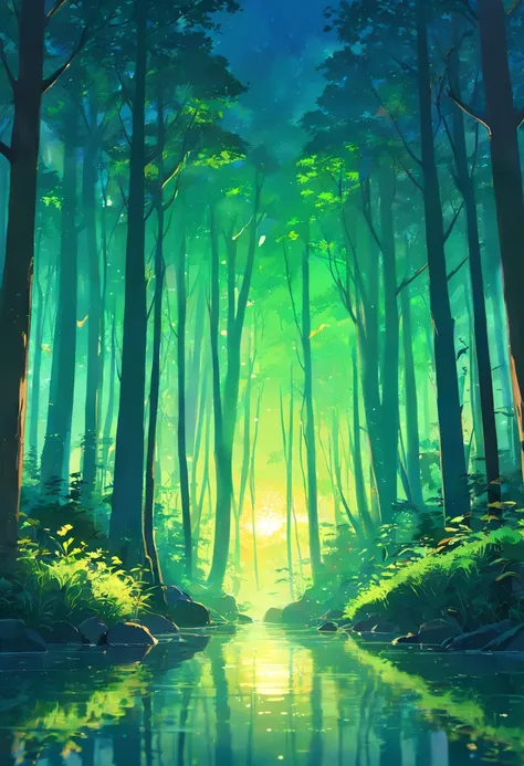 "((master part)),((magical dark forest :1.2))ao entardecer, com ((sombras escuras fortes recomendadas para cena:1.2)),flores douradas brilhantes, beautiful magical style, golden water reflection, arte conceitual, pintura digital."