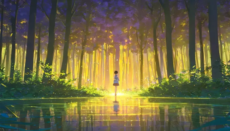 "((master part)),((magical dark forest :1.2))ao entardecer, com ((sombras escuras fortes recomendadas para cena:1.2)),flores douradas brilhantes, beautiful magical style, golden water reflection, arte conceitual, pintura digital."