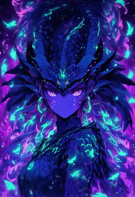 dragon girl, necrotic scales, black, purple and neon green, ominous glow, glowing, ghostly fire-colored eyes, wings with patterns reminiscent of interlocking computer codes, bone fragments protruding from wings, eerie aura, glowing runes, sharp claws, spec...