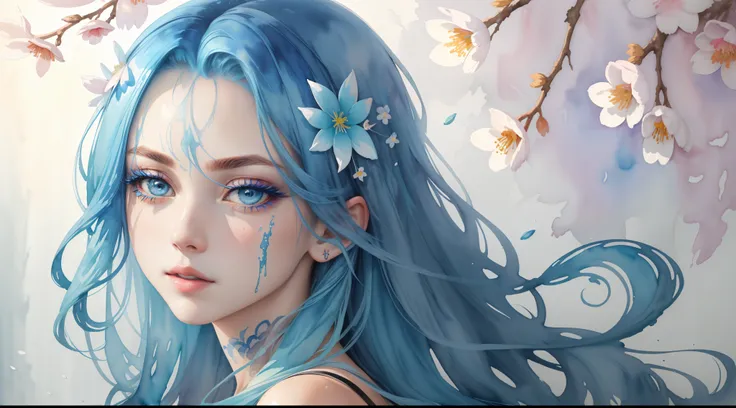 (best quality),(masterpiece:1.2), (colorful:0.9), (ink splashing),(color splashing),((watercolor)), clear sharp focus, model shot,, (portrait goddess of spring:1.5), cute expression,elegant blue colored hair, beautyfull detailed face and eyes, elegant godd...