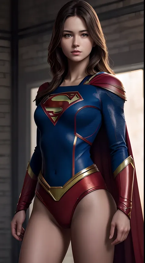 1girl in, Beautiful Russian women,(Supergirl Suit), superman logo, A dark-haired,  Slim body,full-shot, Standing Pose, looking at the viewers,(morning glow), Foggy,细致背景,Photorealsitic、a picture、​masterpiece、reallistic、真实感、photorealisim、High contrast、Photor...