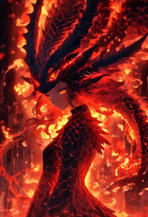 dragon girl, necrotic scales, black, crimson and silver ominous glow, glowing, ghostly fire-colored eyes, wings with patterns reminiscent of interlocking computer codes, bone fragments protruding from wings, eerie aura, glowing runes, sharp claws, spectral...