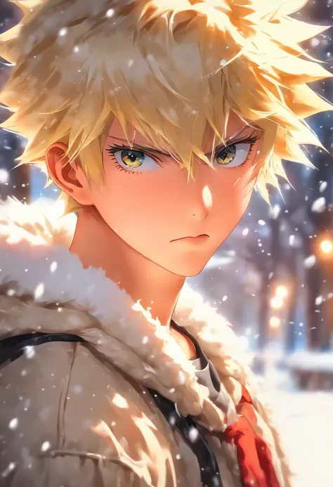 (Oil painting, Masterpiece, Best quality, Ultra detailed, Focus on character), Short blonde hair, ([back:0.8]|[ Face back:1.1]), Serious face, ([Cold scenario:1.2]|[ Snowy background:1.3]| [High contrast:1.1])