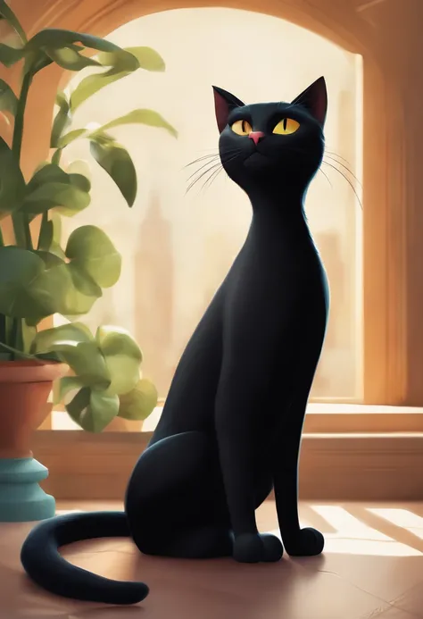 Make a black cat stand with its paws spread, tipo desenho da disney, Disney Pixar, 3d