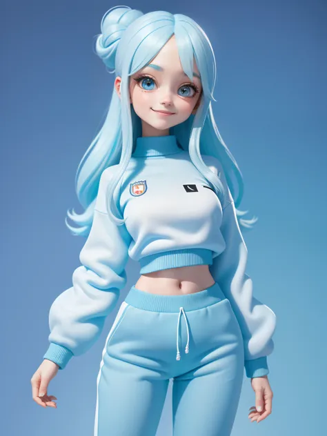 (tmasterpiece), (best qualityer), (ultra - detailed), (full bodyesbian: 1.2) Cute cute girl, Manchester Citys sweatshirt, Sky blue knitted jumpsuit, Pants, jaket, blouse, Hefty Smile, full bodyesbian, :3, Pastel tonal background , Extremely colorful，، simp...