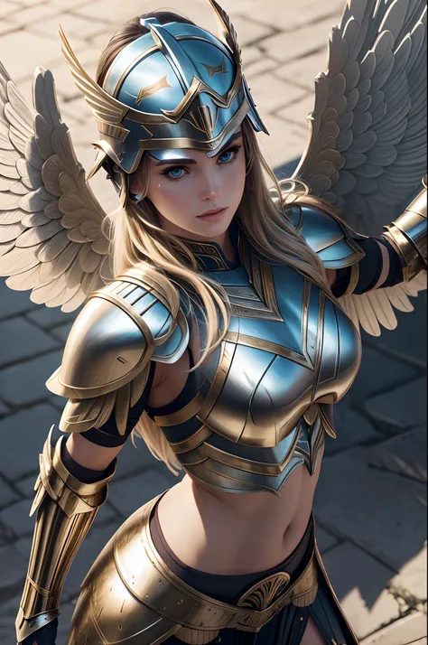 (l1vvydunne:.95), high angle photo of a gorgeous young valkyrie woman in the style of stefan kostic, realistic skin texture,(winged helmet:1.1), (valkyrie armor:1.2), 1 / 2 body crop, 8 5 mm art lens, f 1. 2, sharp focus, 8 k high definition, insanely deta...