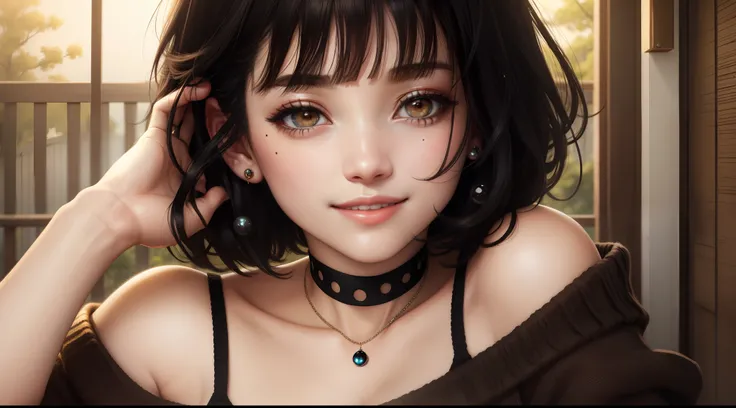 Top Quality, Masterpiece, Ultra High Resolution, Photorealistic, 1 Girl, Off Shoulder, Knit, Smile, Smile, Slightly Visible, oversized_sweater, Soft Lighting, Detailed Skin, Bangs, Black Hair, Clear Eyes, Short Bob Hair, Transparency, Japan, Korean, Beauti...