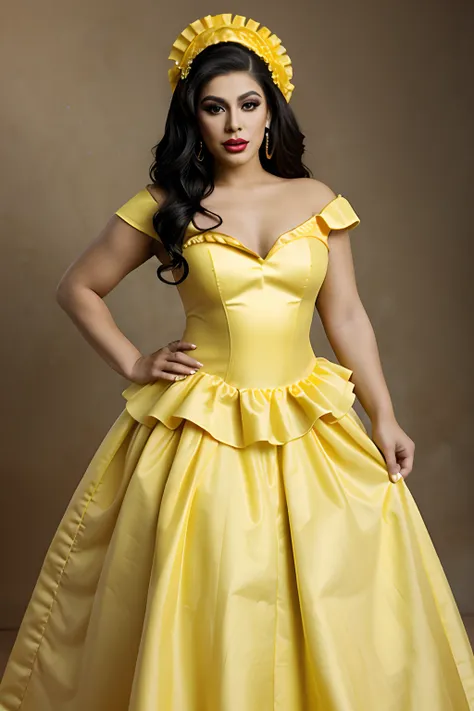 Hispanic drag queen in a yellow gown