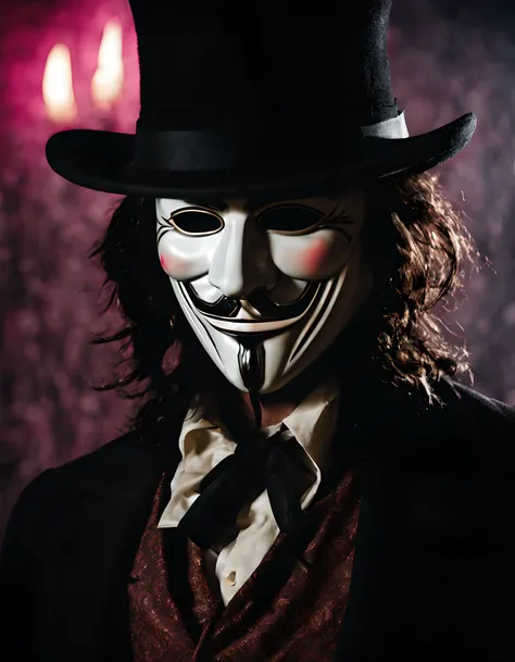 Close-up of a long-haired man with black hair wearing a Guy Fawkes mask and top hat,Masterpiece, cinematic lighting