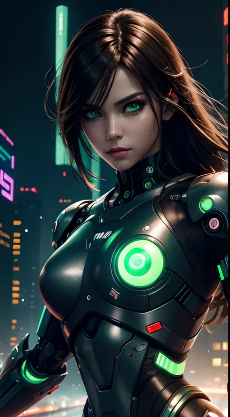 cyborg girl, robot hand, green eyes, cyberpunk city background, neon light, dark brown hair, fighting mode, masterpiece, ultra high details