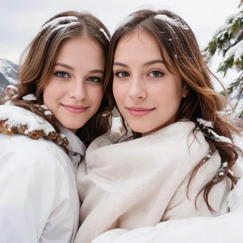 (upper body), two young girls take a playful selfie against the backdrop of a snowy mountain. the background features a pictures...