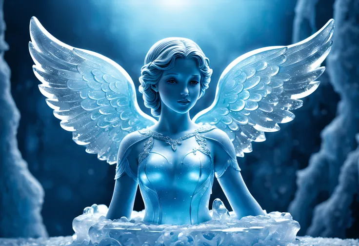 cupid angel carved in ice,(best quality,4k,8k,highres,masterpiece:1.2),ultra-detailed,(realistic,photorealistic,photo-realistic:1.37),frozen,crystalline texture,translucent ice wings,delicate details,ethereal glow,subtle shades of blue,subzero temperature,...