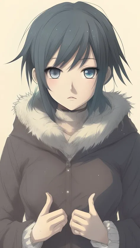 a young woman in manga style who is dressed warmly who looks shy and fearful, she has shoulder-length hair