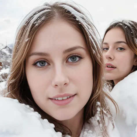 (upper body), two blue eyed young girls take a playful selfie against the backdrop of a snowy mountain. The background features a picturesque river and a majestic bare tree, their branches reaching towards the sky. One of the girls has beautiful flowing bl...