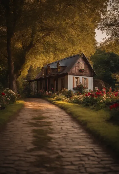 rua muito bonita com arvores e flores e belas casas mas uma casa se destaca porque esta mau cuidada, pintura das paredes feias e com umidade