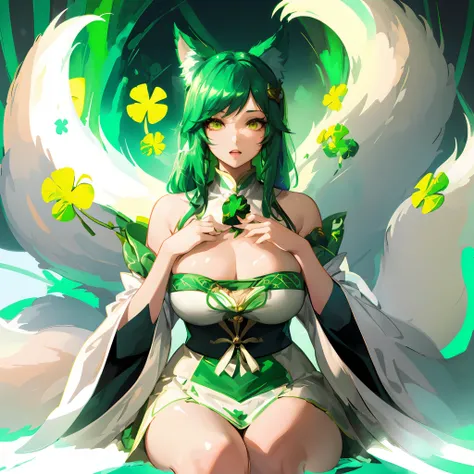 anime girl in green and white outfit with green hair and green wings, ahri, portrait of ahri, digital green fox, digital art on pixiv, ahri from league of legends, :: rossdraws, from league of legends, artgerm on artstation pixiv, artgerm lau, rossdraws sa...