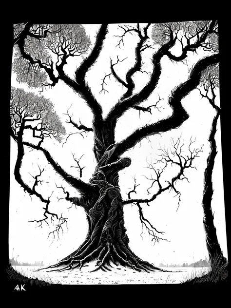 ((Best quality, 8K, Masterpiece: 1.4)),((Amazing detail: 1.3)),((illustration: 1.2)),((high resolution: 1.1)),A tree made up of skeletons,Black and white painting,Black and white illustration,Dark sky,Dark style,Dark fantasy,Horror,Detailed cover artwork,S...