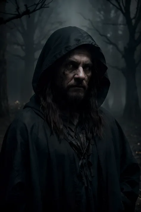 (an old man with a dark cloak and long beard),scarred face, staff, (dark sorcerer),night, (dark environment), darkness, fog, blood, (best quality,4k,8k,highres,masterpiece:1.2),ultra-detailed,(realistic,photorealistic,photo-realistic:1.37),grim and mysteri...