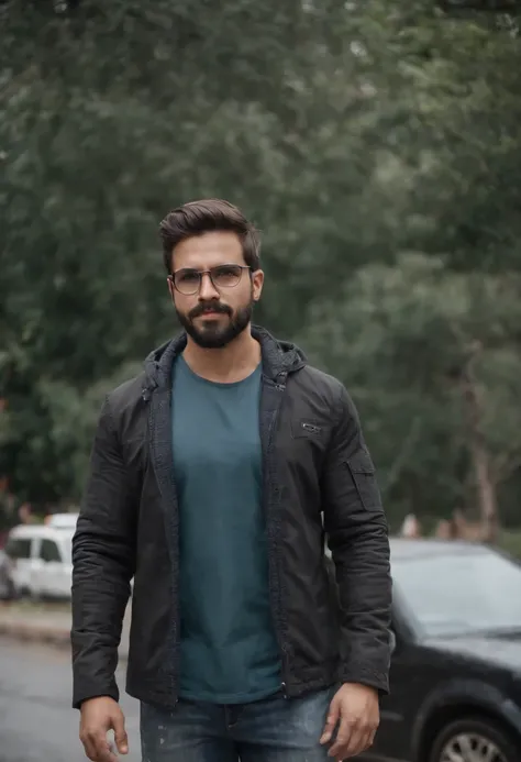 Rapaz, standingn, de costas, numa parada de onibus no Brasil, num dia nublado e de chuva. 21 anos, in black jeans, blusa preta, tenis preto, com uma mochila pesada preta nas costas, segurando um guarda chuva preto. Possui, cabelo curto, quase raspado nas l...