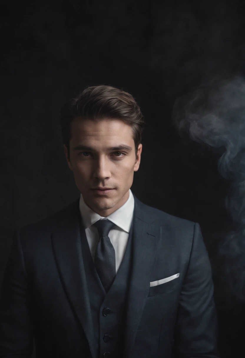 A portrait of a person wearing a suit, their face is unrecognizable, where the head would be just looks like dark particle smoke, blank background