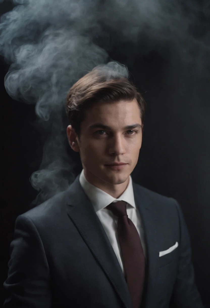 A portrait of a person wearing a suit, their face is unrecognizable, where the head would be just looks like dark particle smoke, blank background