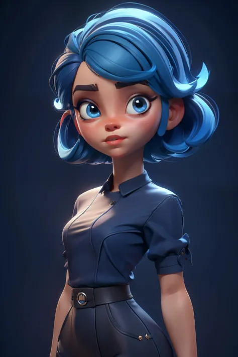 Personagem. De corpo inteiro, rosto estilo 3D, menina meiga e delicada, com cabelos longos coloridos,chocolate,Short blue hair,black t-shirt,