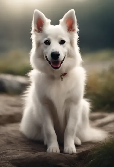 HD 4K White Dog Fur Black Eyes, sorriso feliz, ears back, Backgrounid branco,Pintura digital altamente detalhada, Cute Dog Visual Anime, I want you to run to the beautiful foot and be extremely happy, na boca segurando um pequeno gato cinza